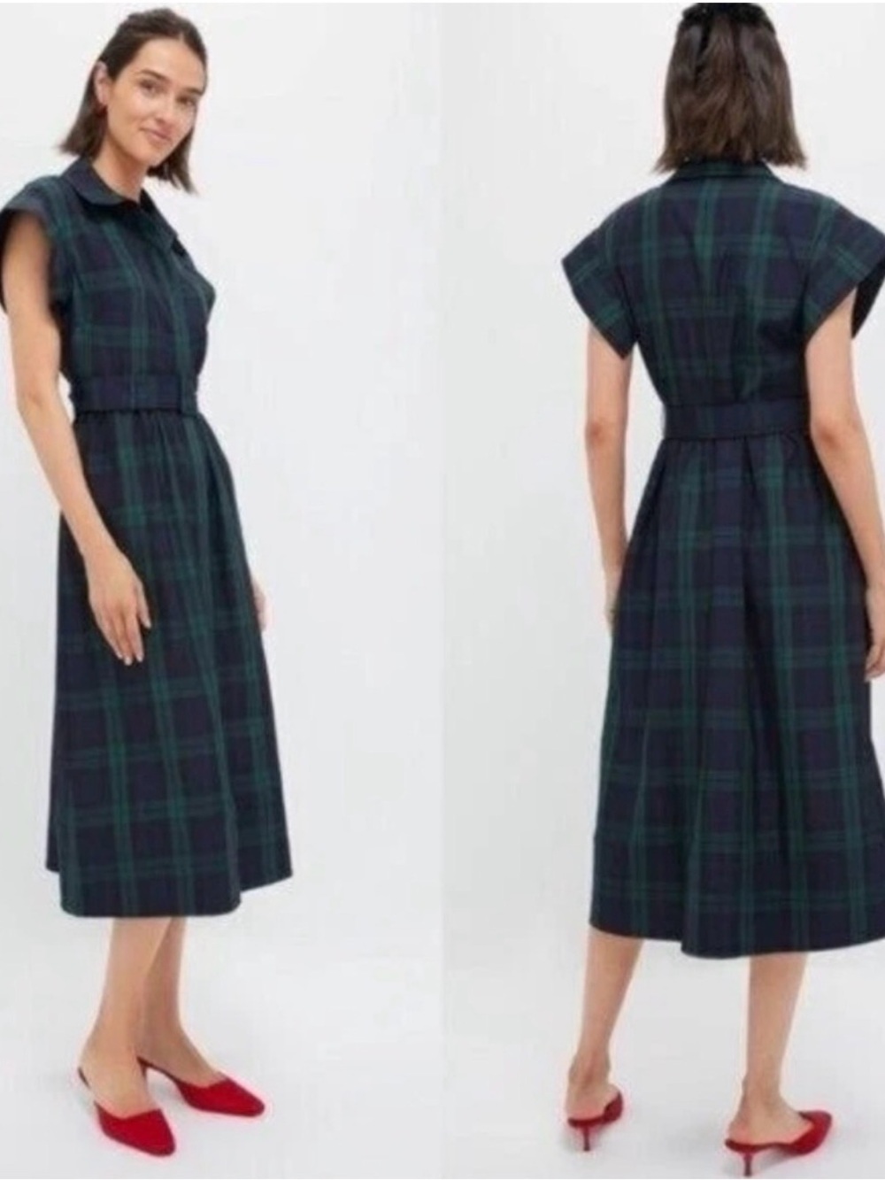 Tuckernuck Navy and Green Plaid Midi Shirt Dress